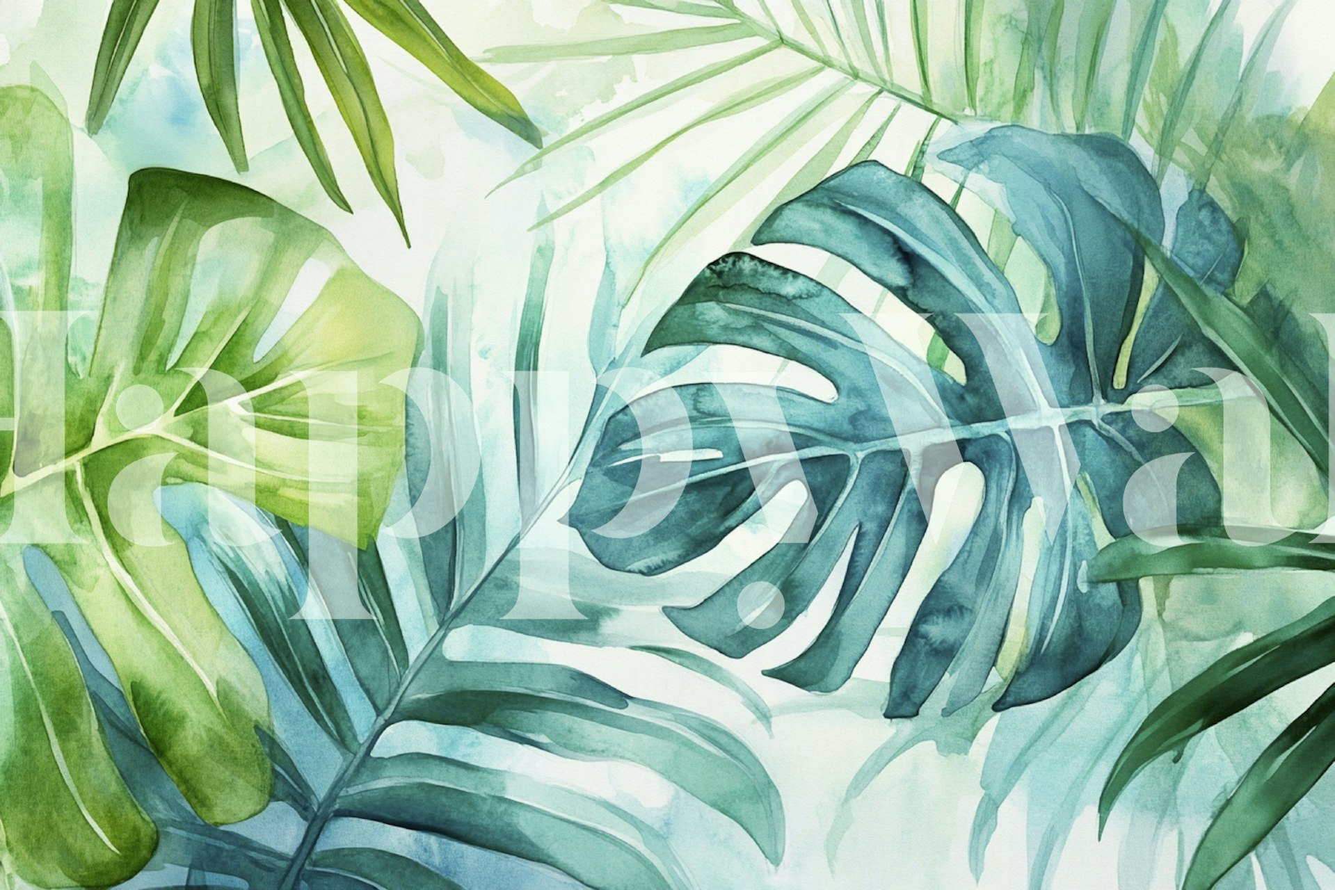 Green tropical leaves in watercolors wallpaper