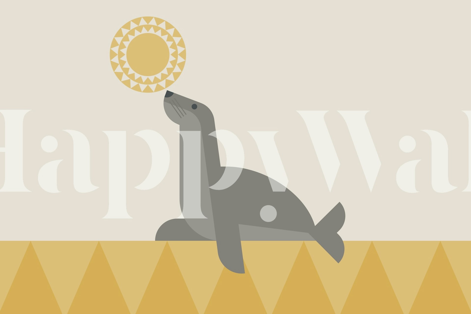 Seal blowing a circle sun on a yellow geometric background wallpaper