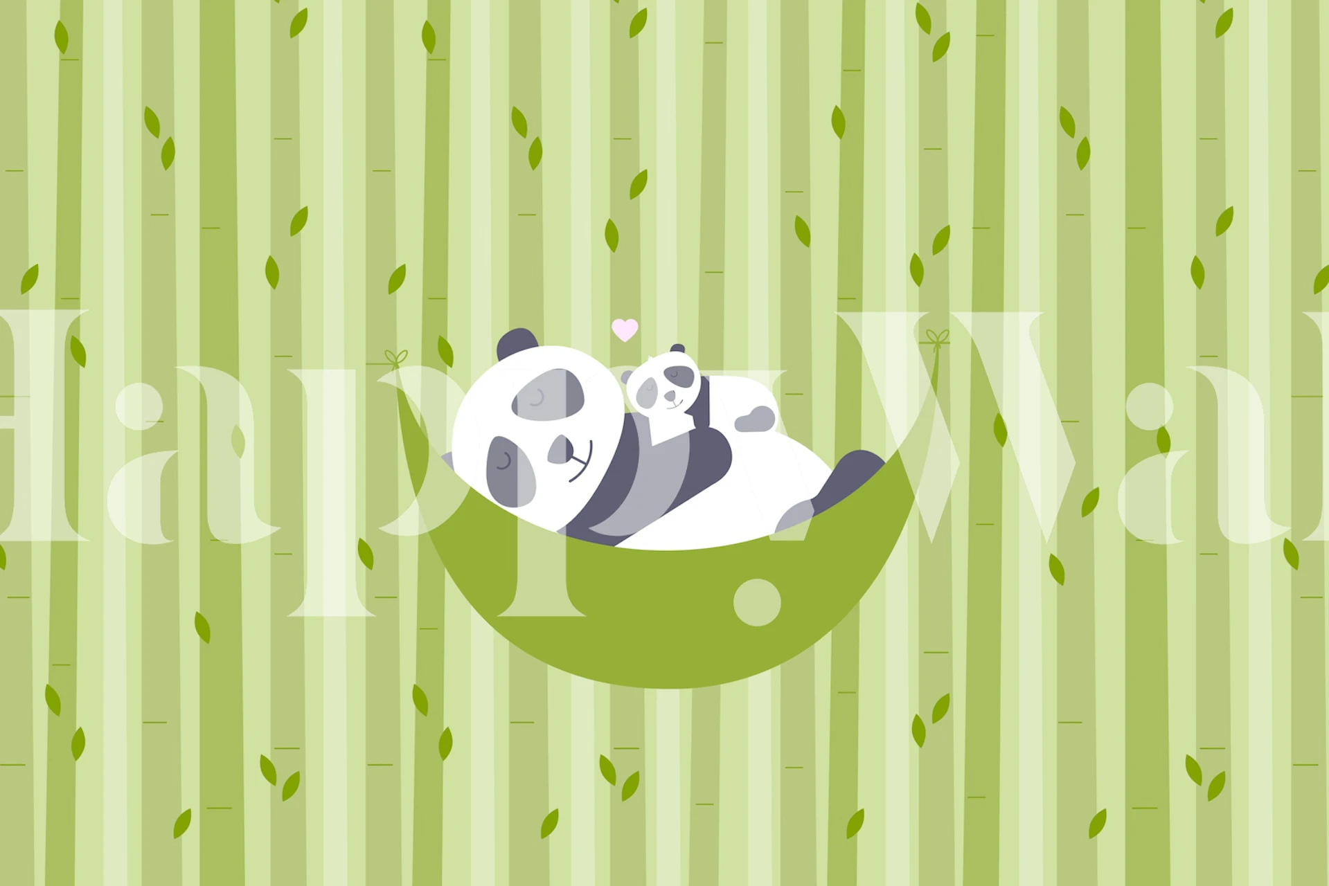 Panda and cub in a green hammock on bamboo striped wallpaper