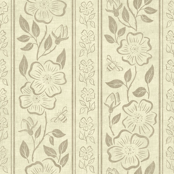 Linen block Print Floral Stripes in Neutral