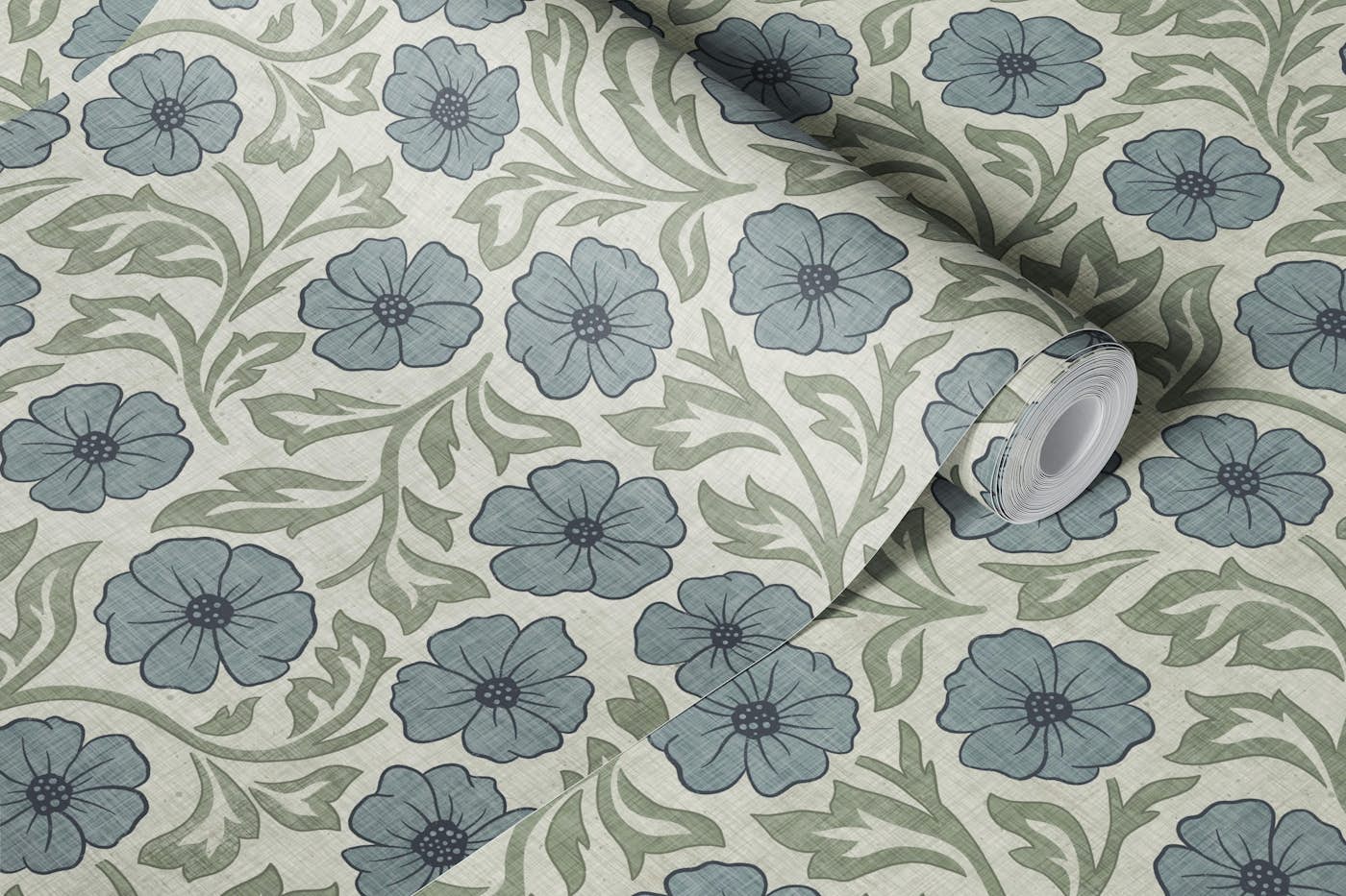 Linen Texture Florals in Blue and Green wallpaper roll