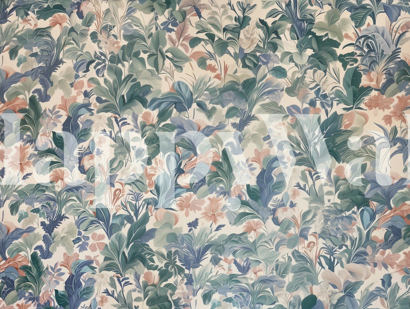 Floral pattern with tropical leaves in green, blue, and pastel colors wallpaper