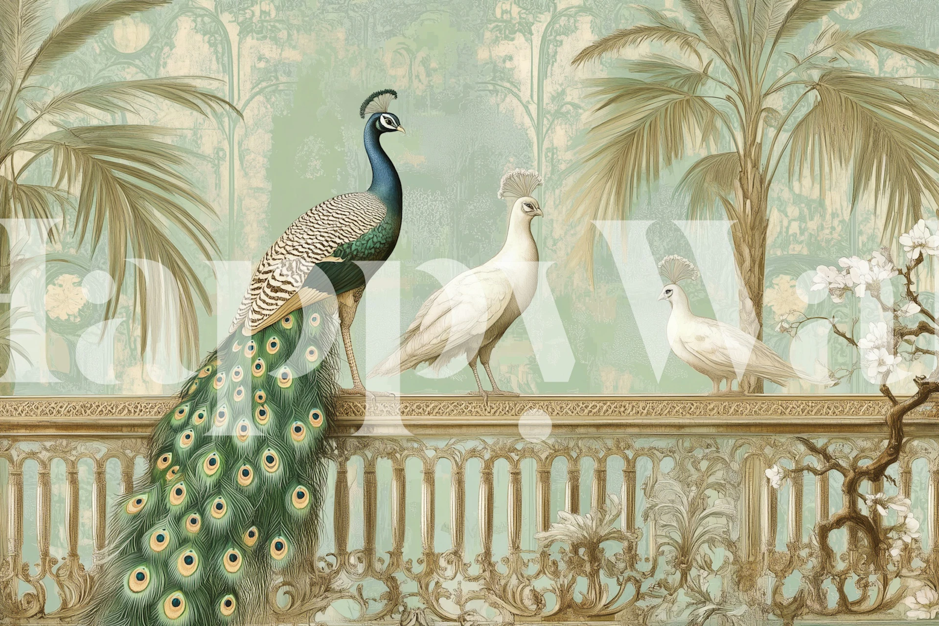 Peacock and two white birds among palm leaves in mint green wallpaper