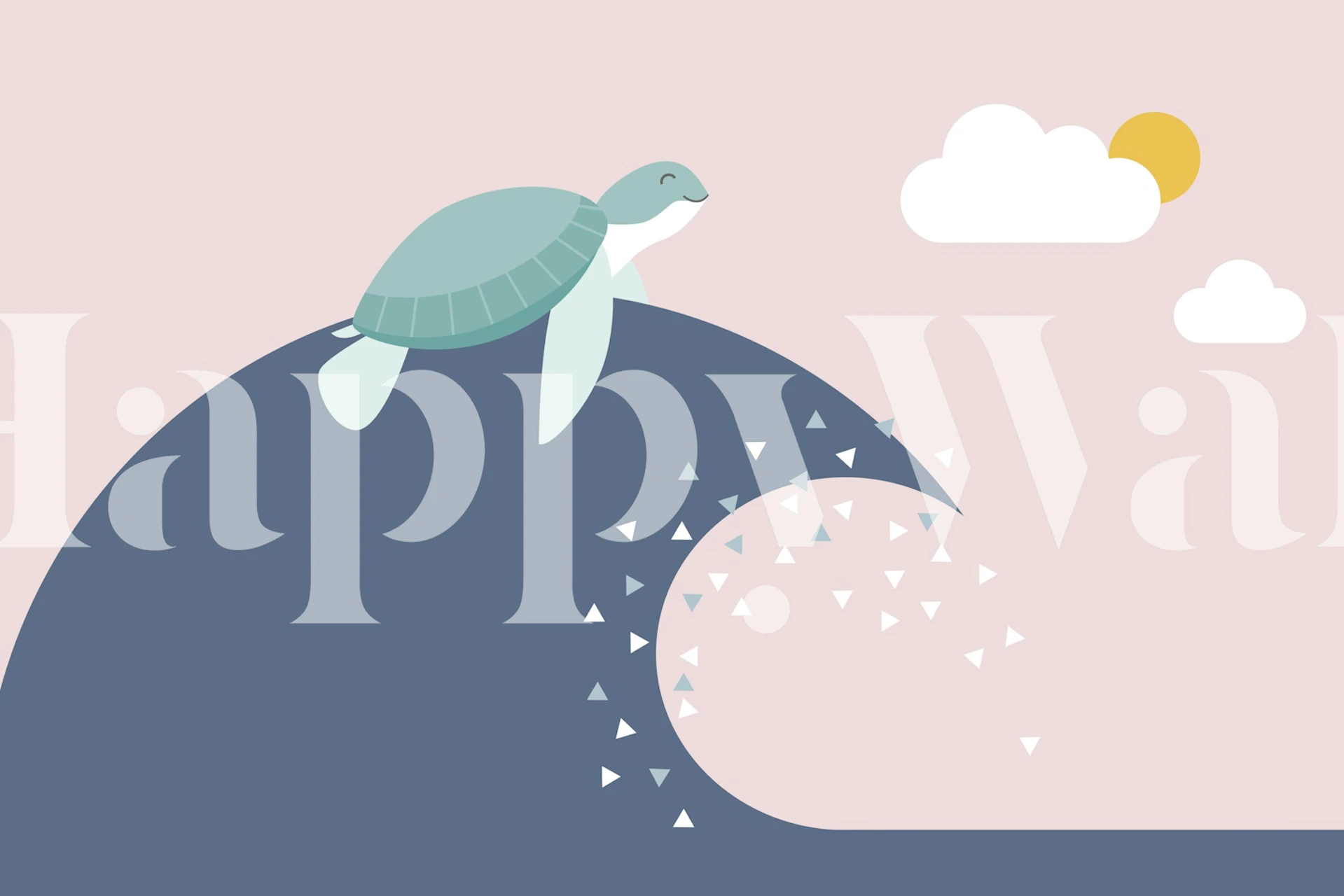 Turtle riding a wave with clouds and sun on pink background wallpaper