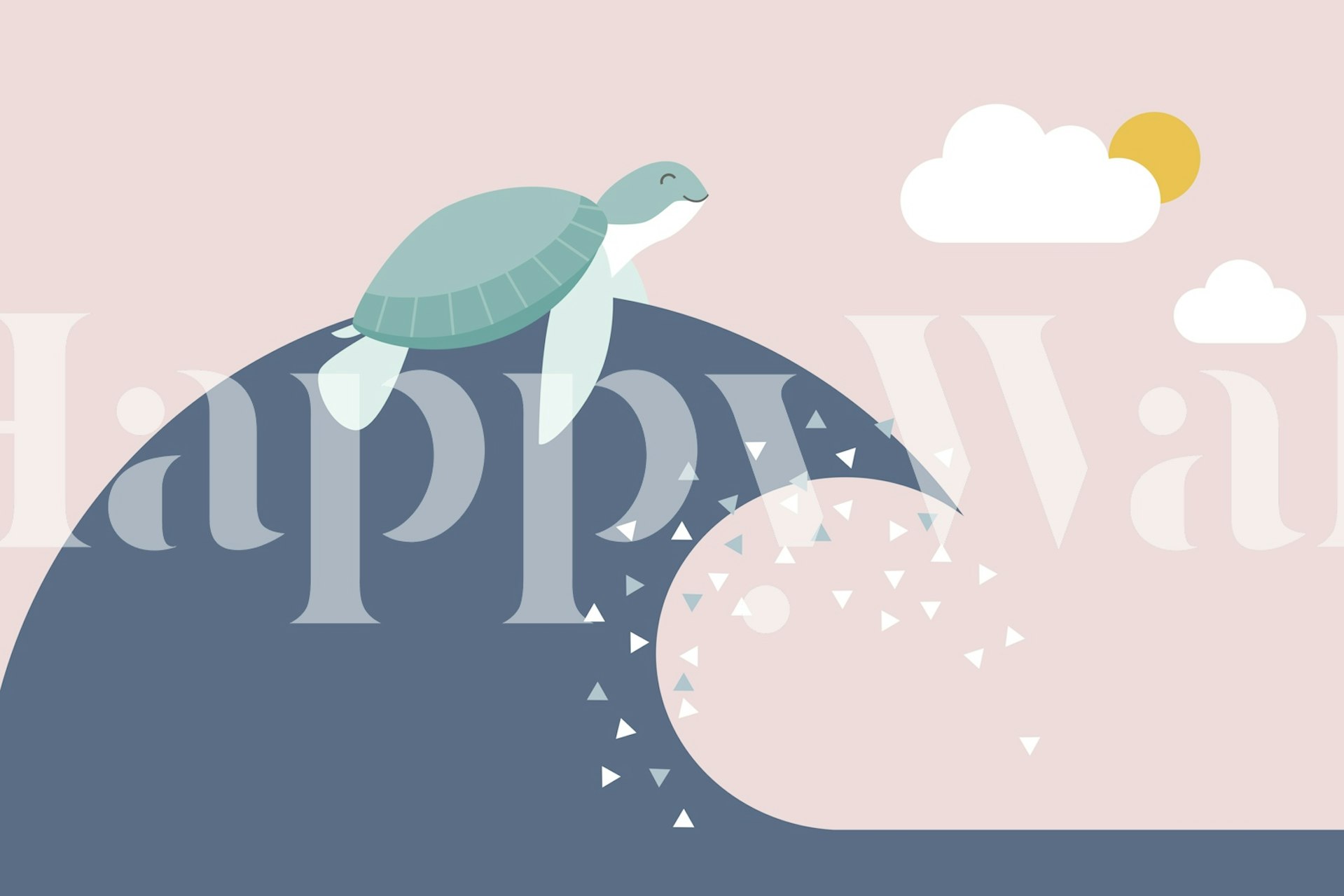 Turtle riding a wave with clouds and sun on pink background wallpaper