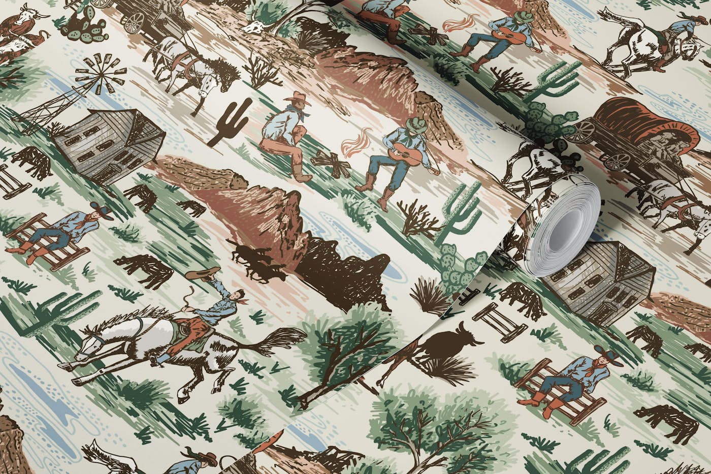 Western Cowboy Ranch Scene Pattern wallpaper roll