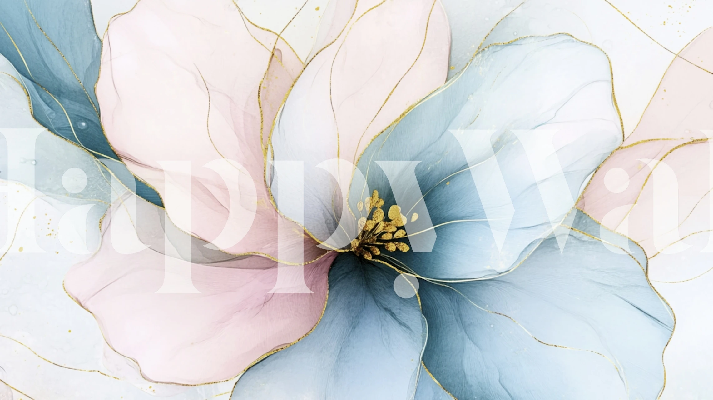 Soft blue and pink floral design with golden accents wallpaper