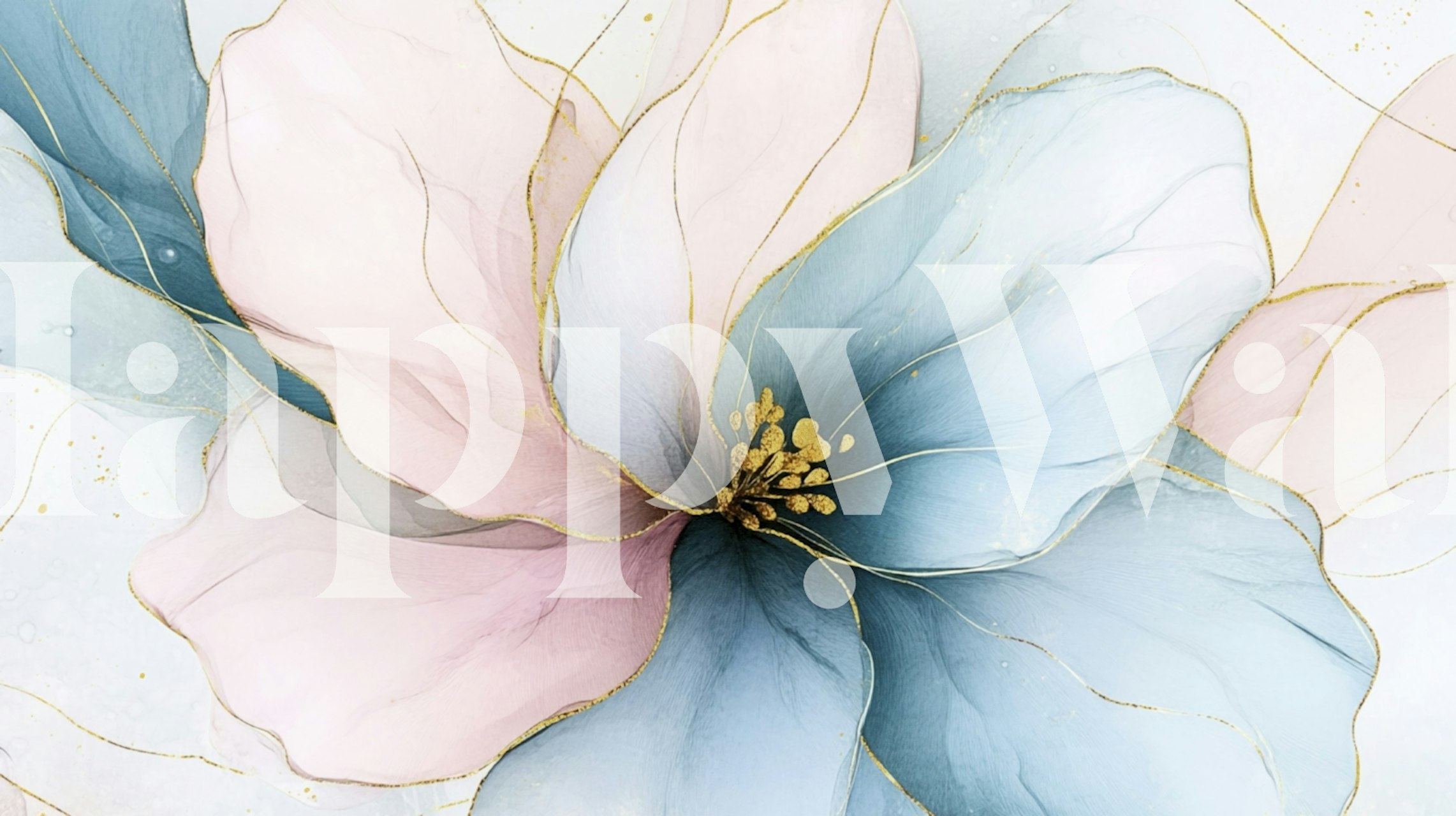 Zachte blauwe en roze bloemenbehang in een kamer