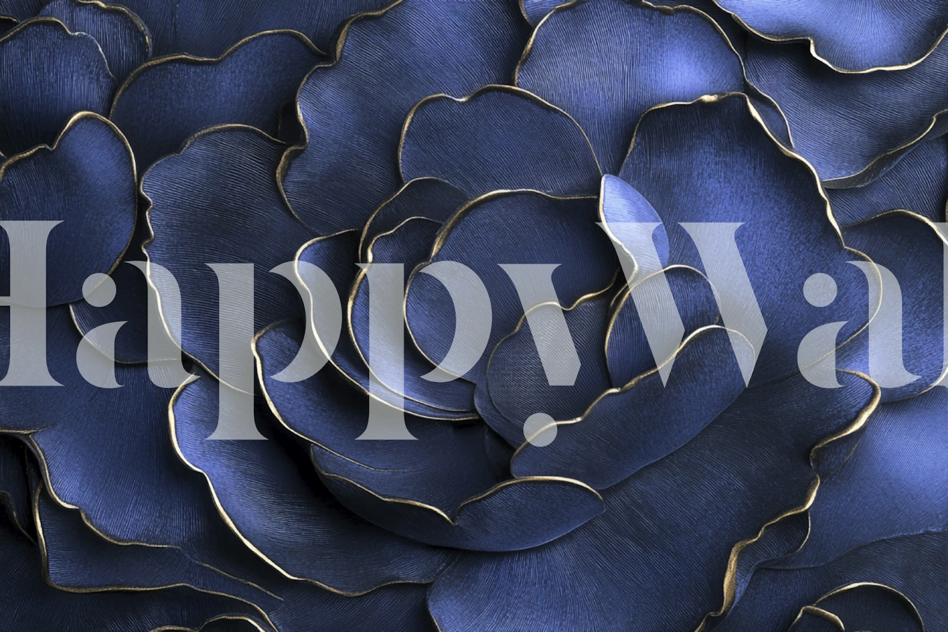 Navy floral wallpaper featuring large flowers with gold edges