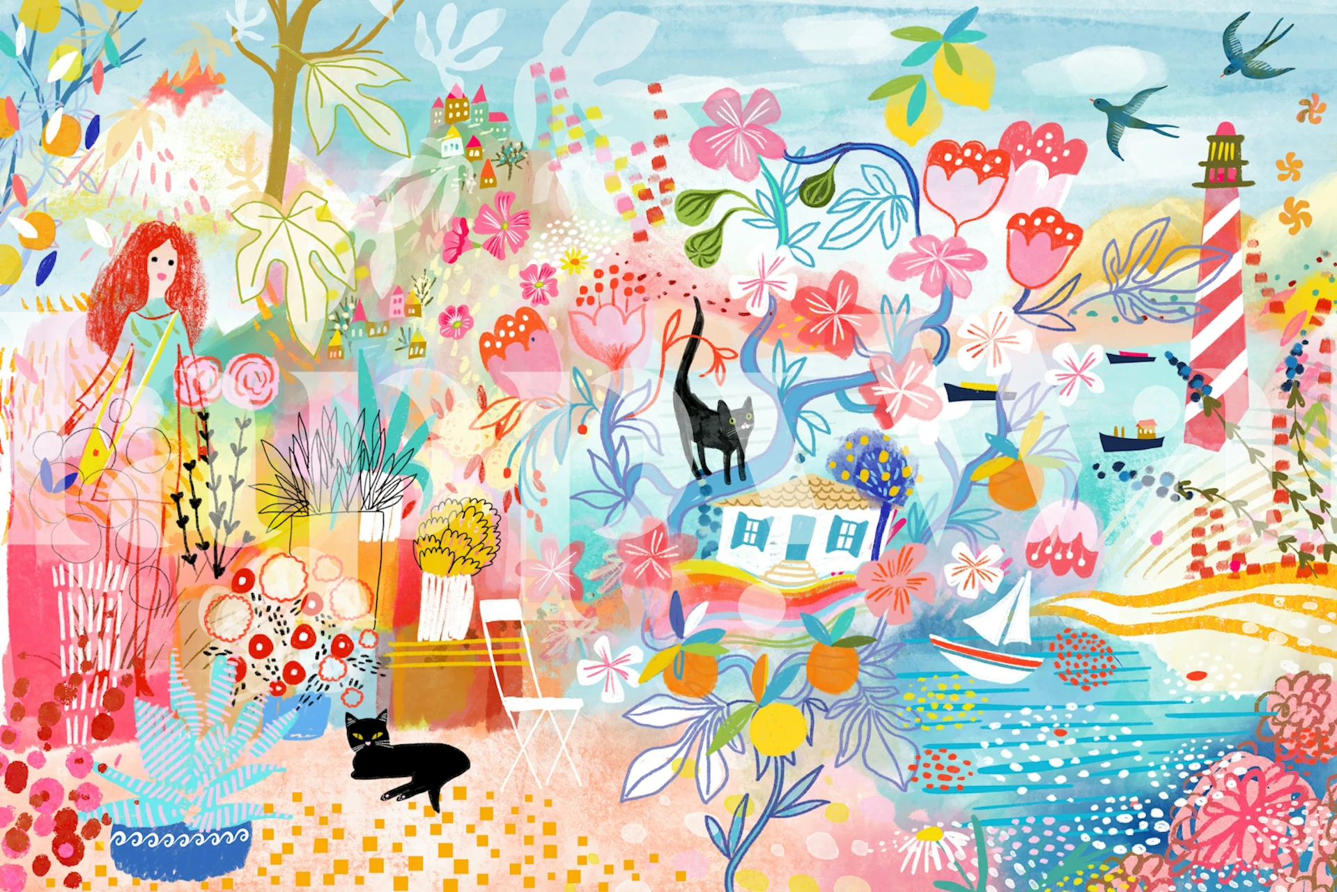 Kleurrijke bloemen en planten, zwart kat, blauwe zee en huis, illustratieve stijl wallpaper