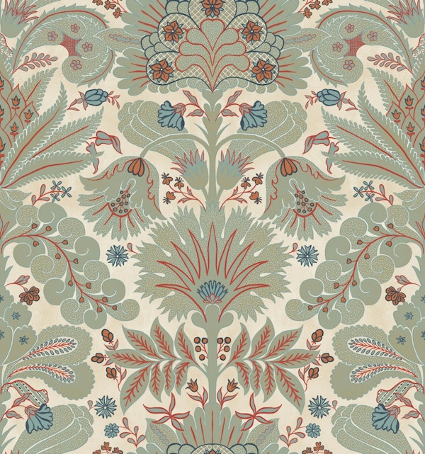 Botanic Damask Sage Green Red Cream
