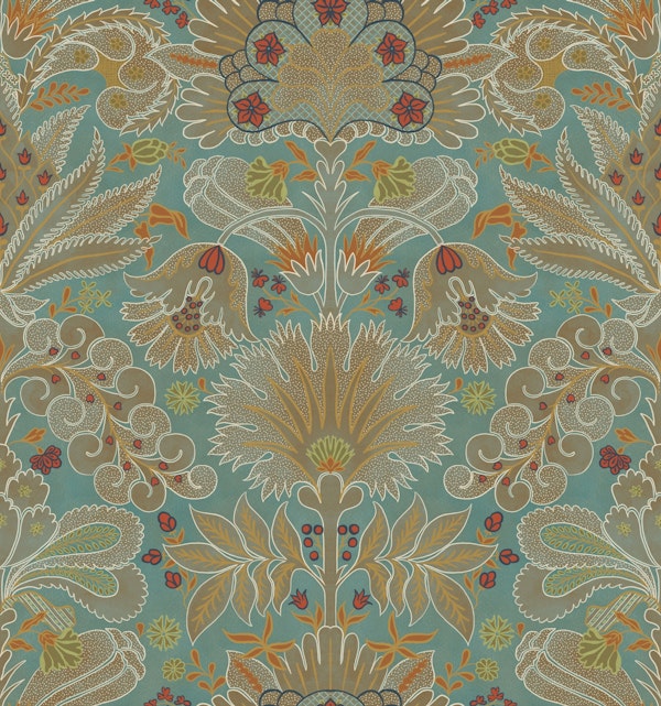 Botanic Damask Duck Egg Blue Bronze Beige