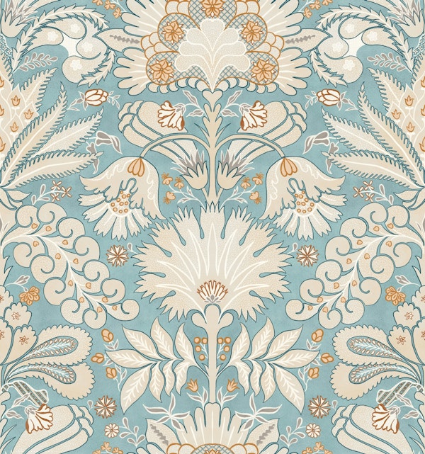 Botanic Damask Cream Aqua Blue Rust