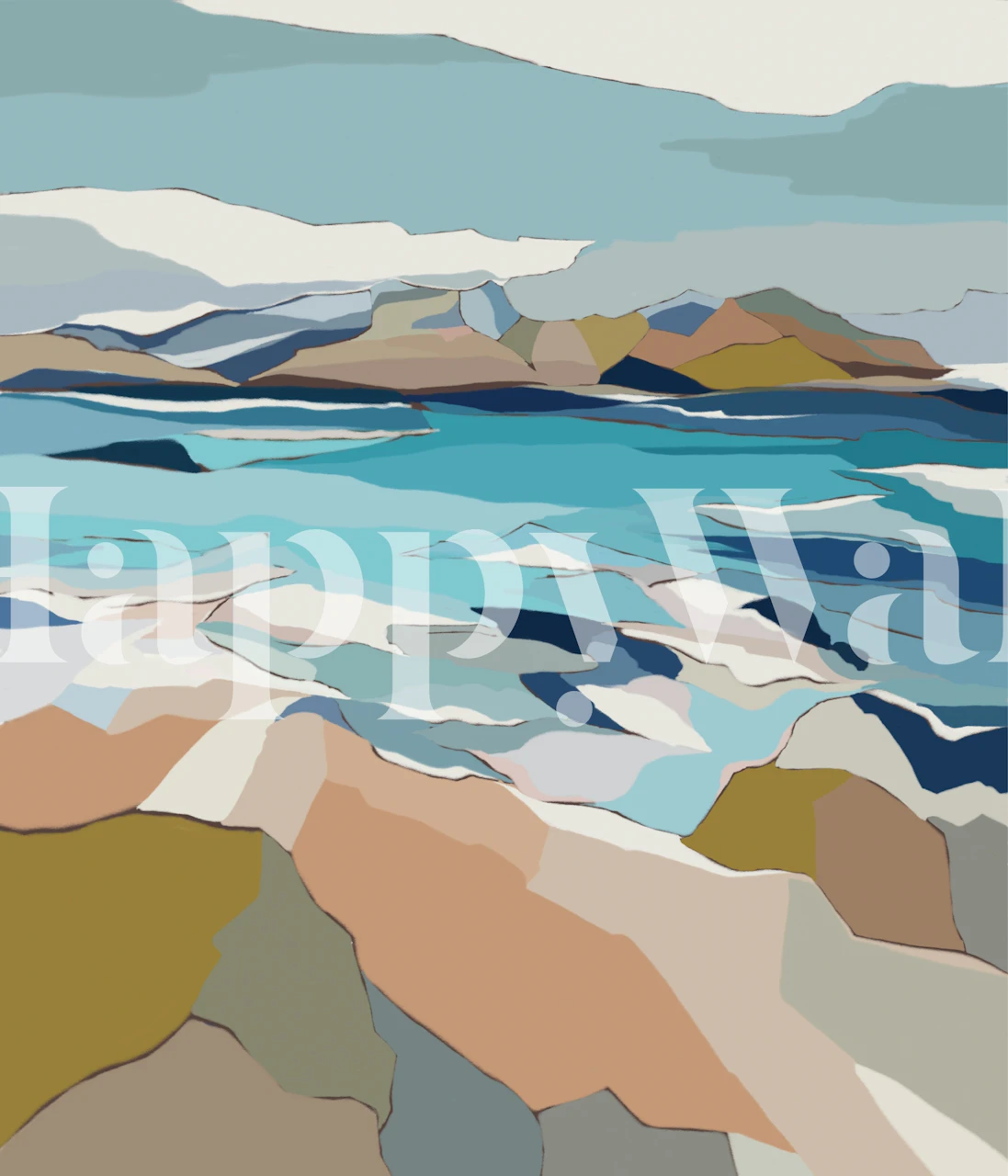 Abstract shapes of mountains and lake in blue and earthy tones wallpaper