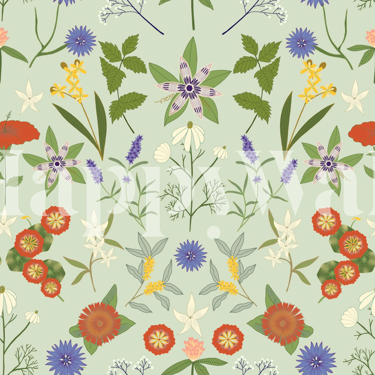 Colorful floral patterns on soft green background wallpaper