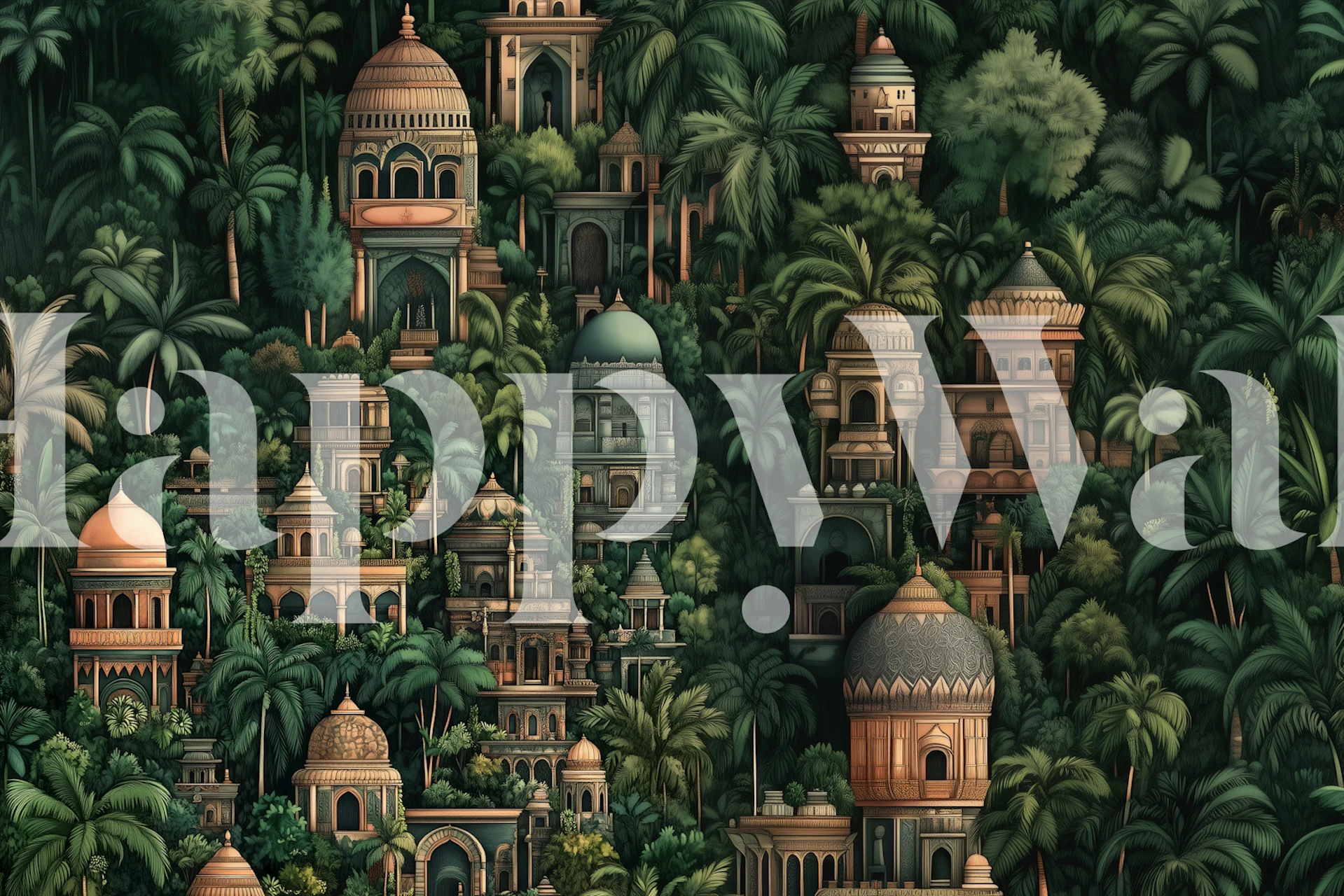 Tropical temple wallpaper with lush greenery and architectural structures