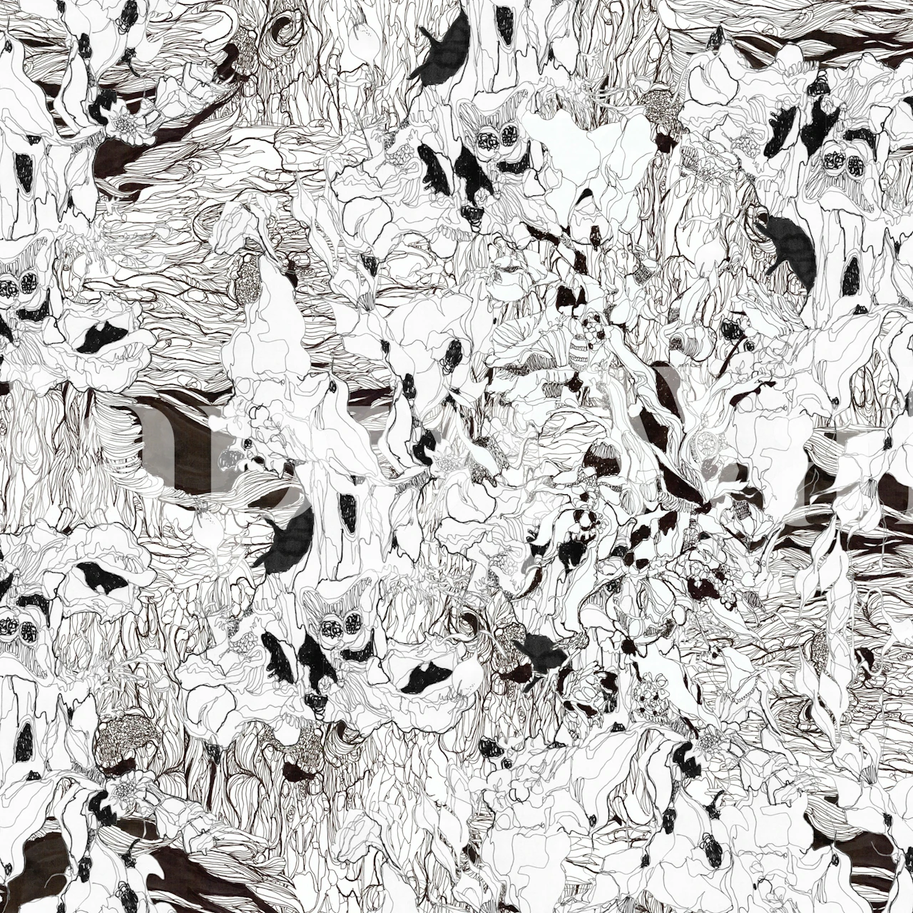 Abstract floral black and white wallpaper with intricate patterns and textures