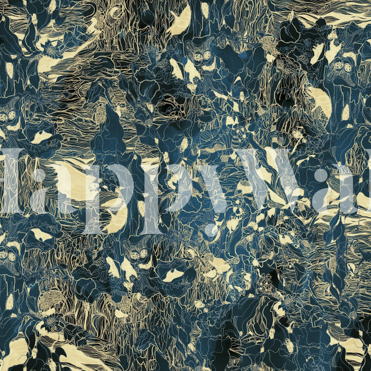 Abstract patterns in blue, cream, and beige wallpaper