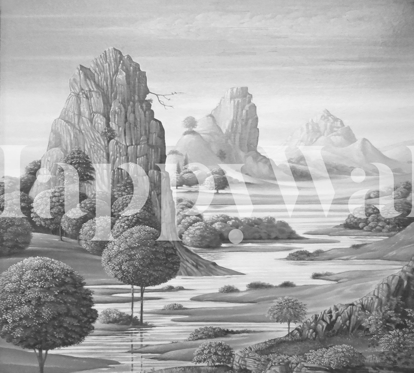 Black and white landscape wallpaper featuring mountains and trees