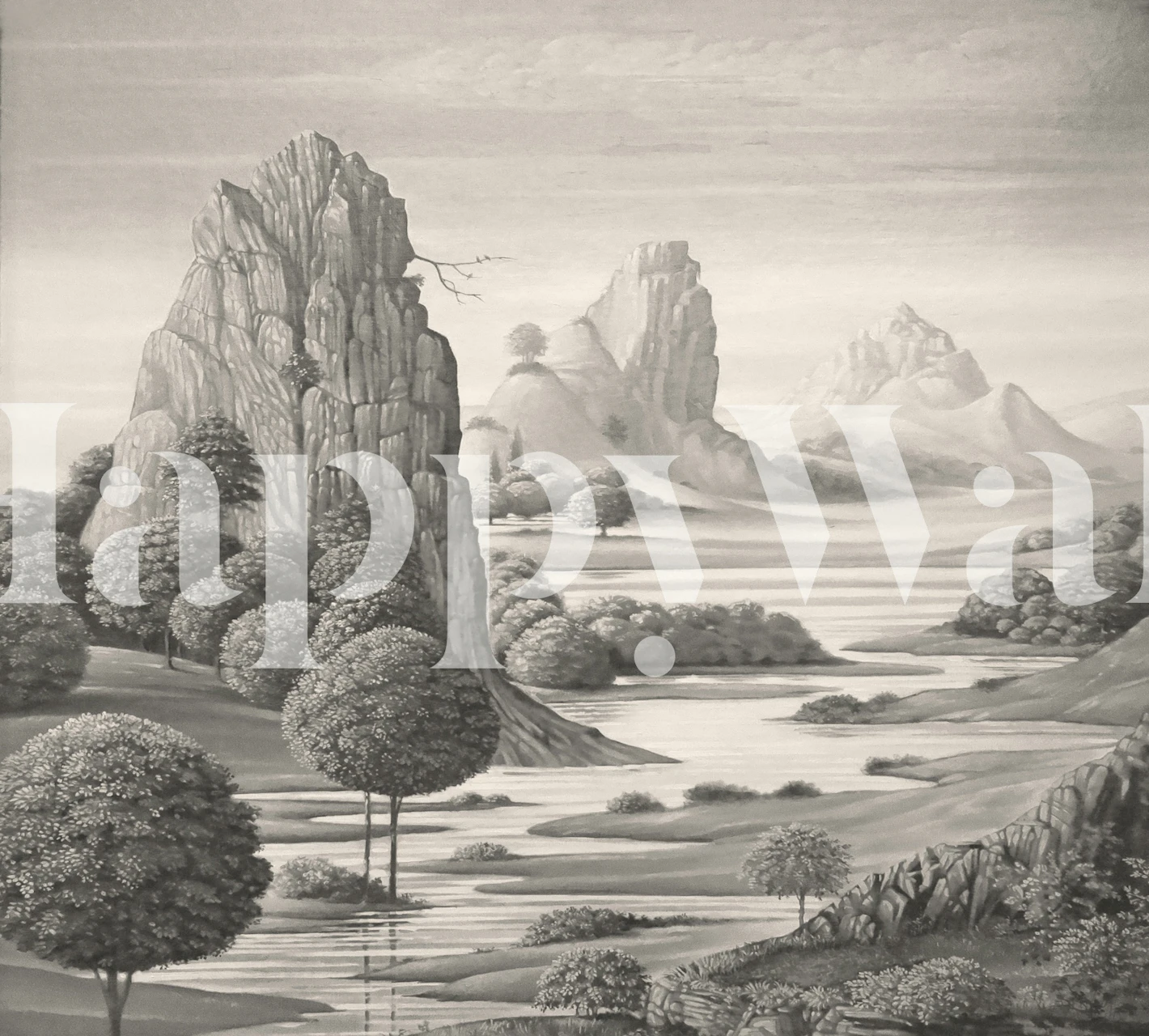 Scenic mountain landscape with trees in black and white wallpaper