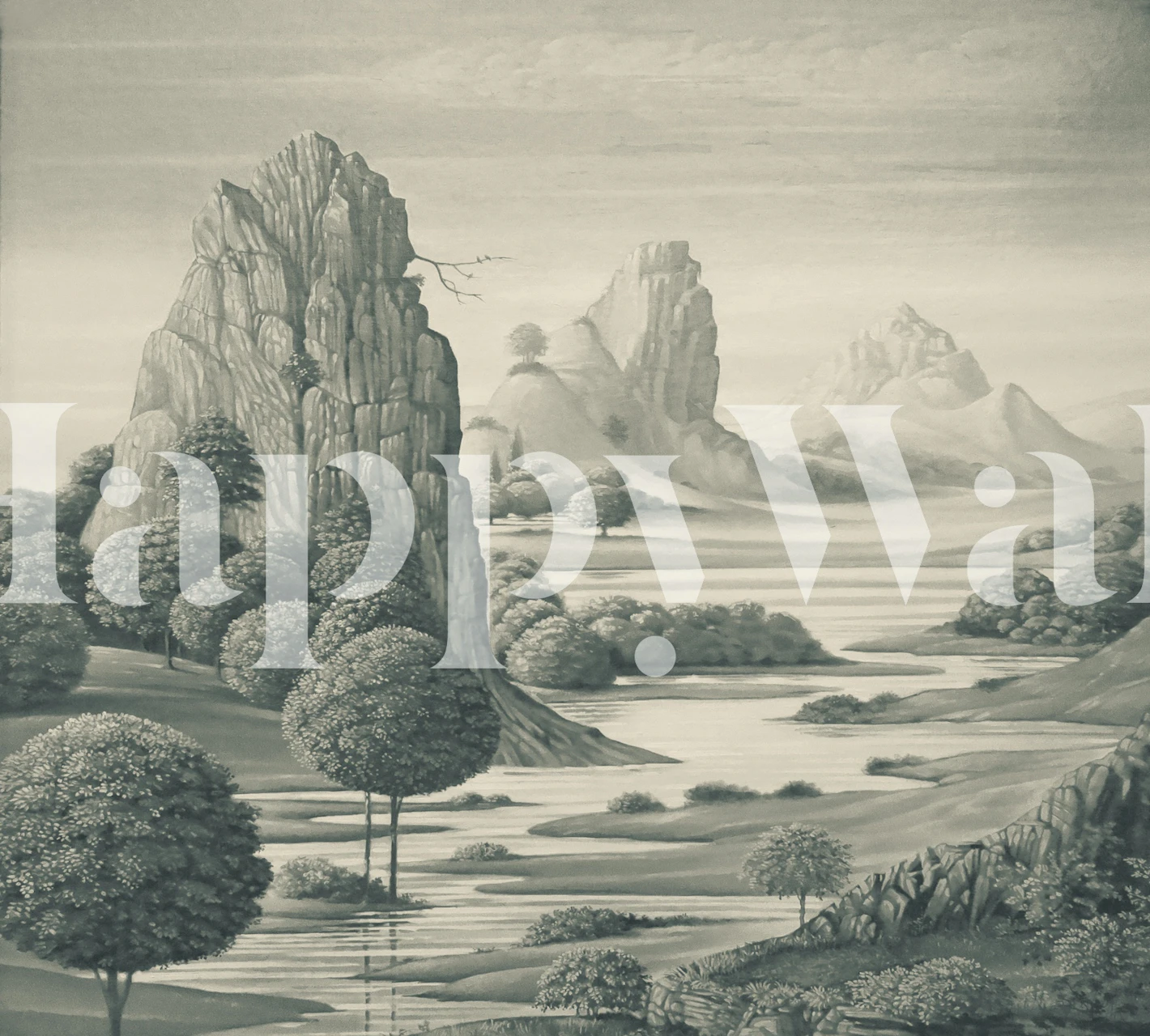 Black and white landscape wallpaper with mountains and trees