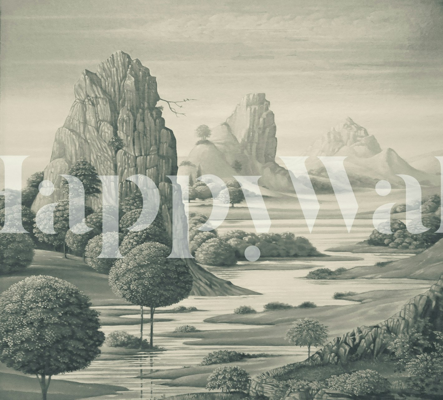 Black and white landscape wallpaper with mountains and trees