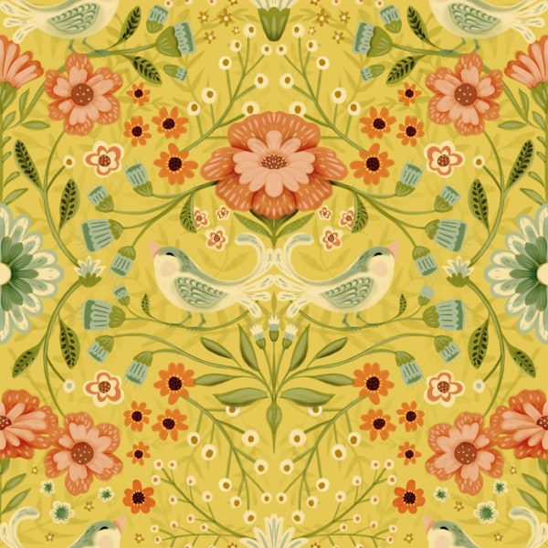 Maximalist Floral Birds - Gold