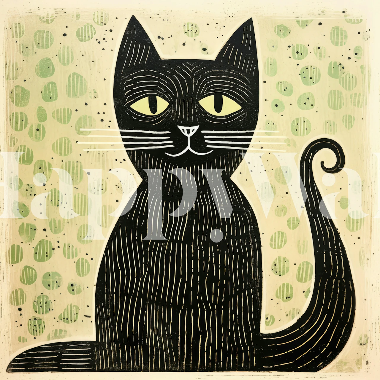 Green cat folk art wallpaper in a room
