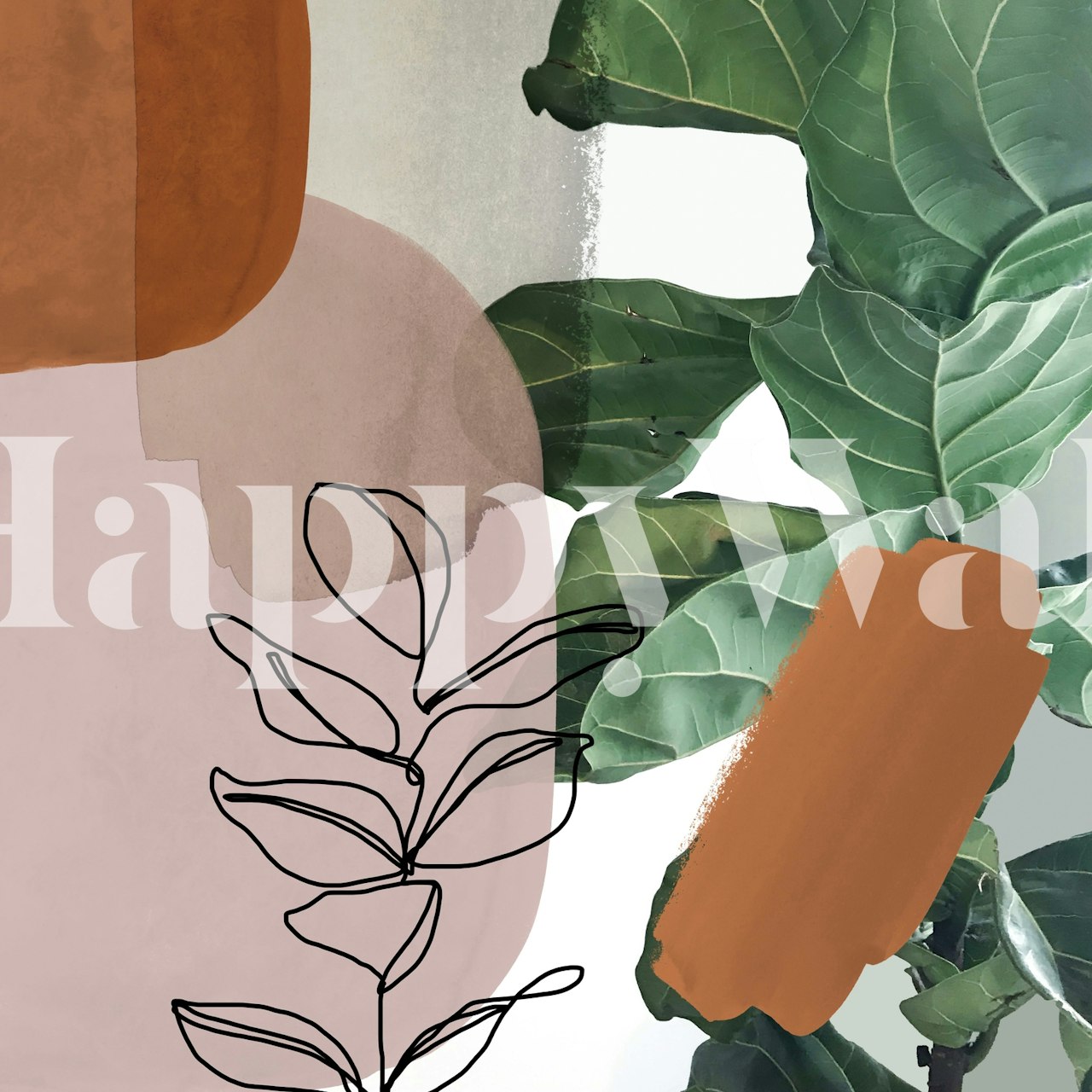 Simpatico V2 wall mural with pastel shapes and tropical leaves