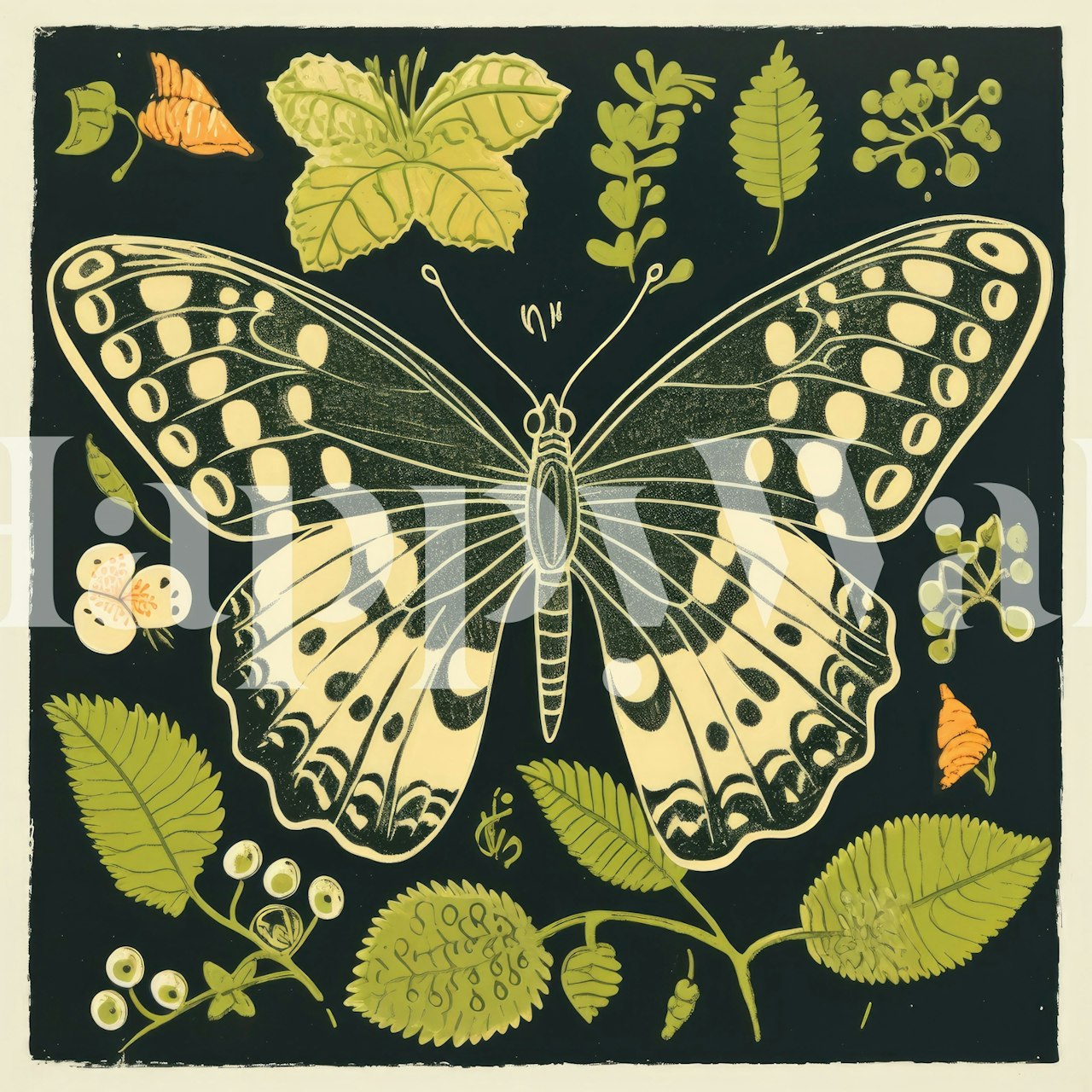 Carta da parati Green Butterfly in Folk Art in una stanza