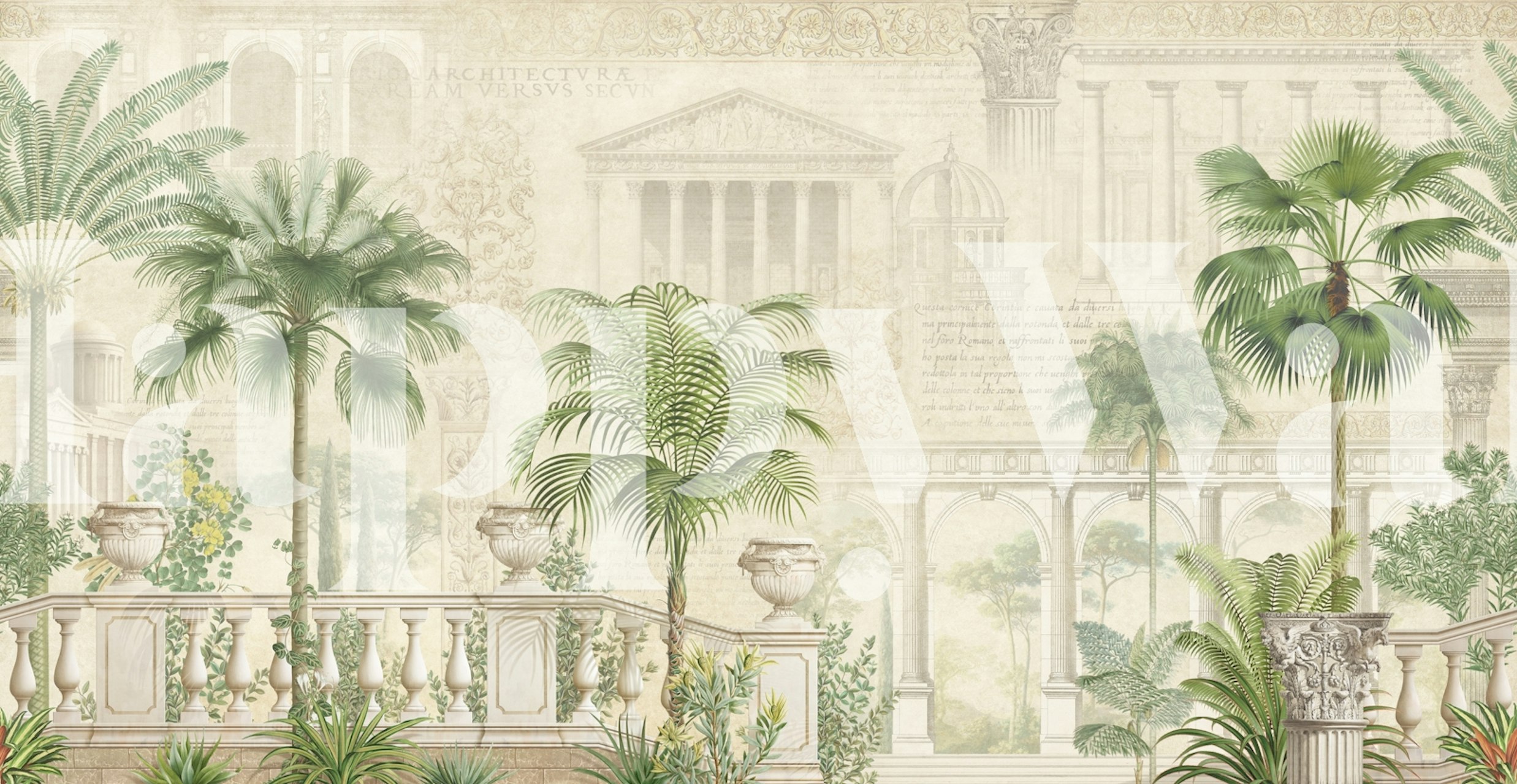 Tropical palm trees and classical architecture wallpaper