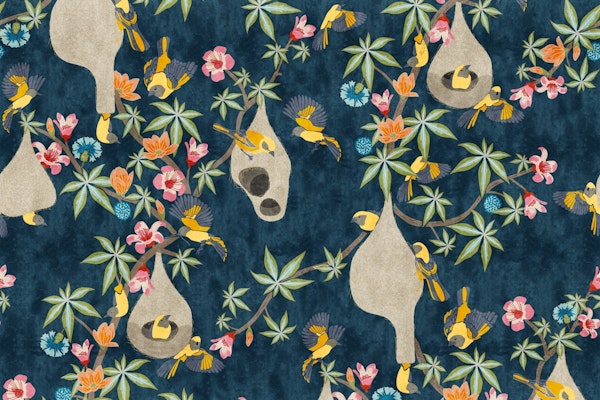 Tropical Birds and Blooms- Navy