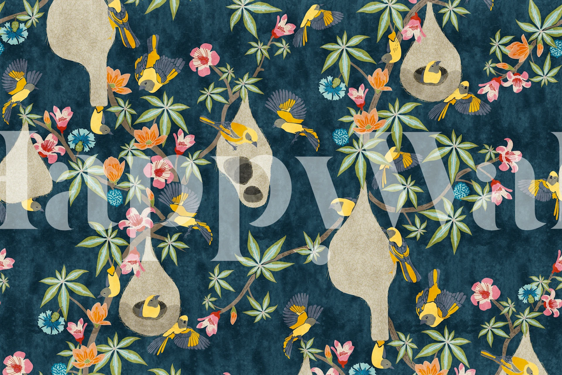 Tropical Birds and Blooms- Navy behang in een kamer