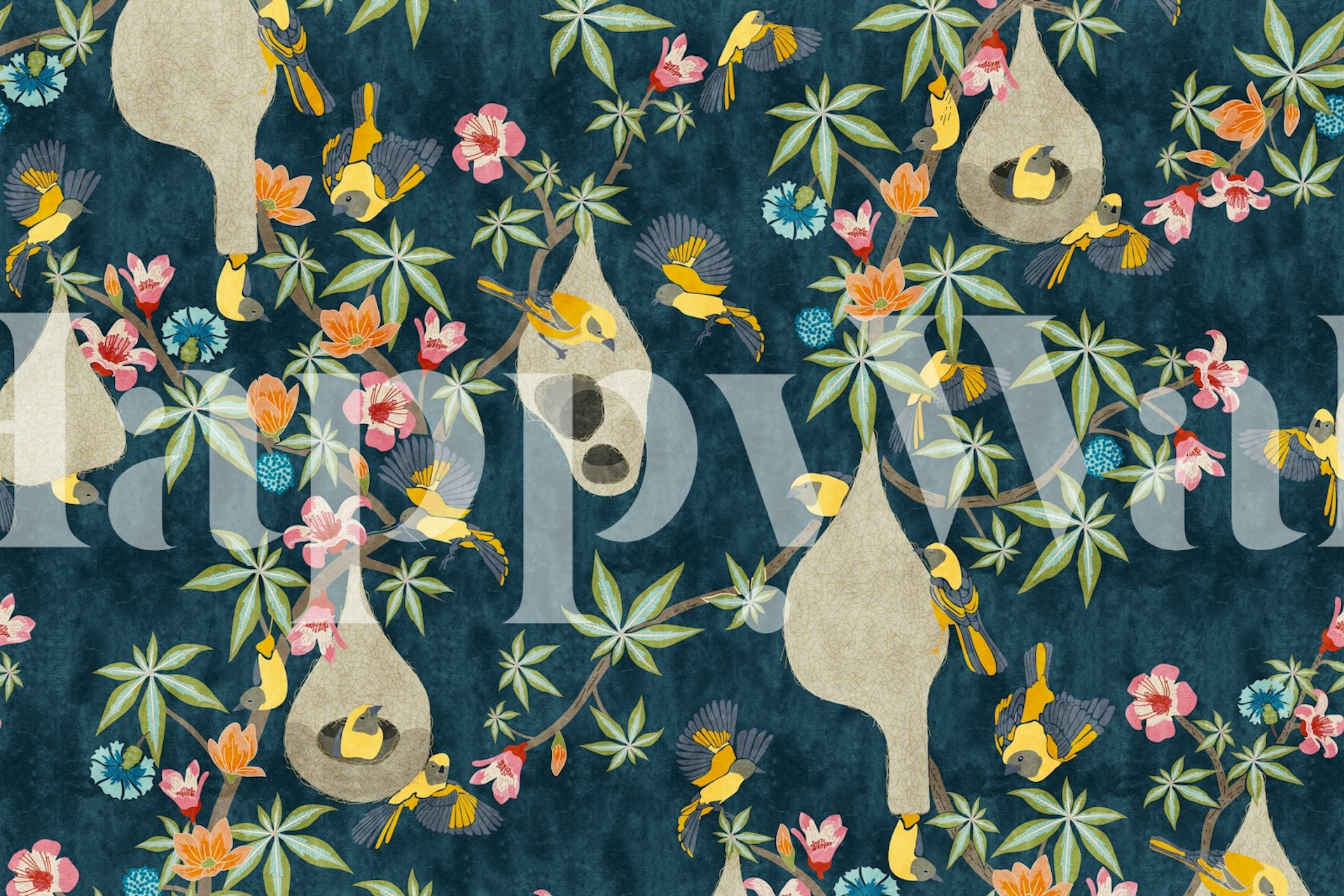 Tropical Birds and Blooms Navy wallpaper in a room