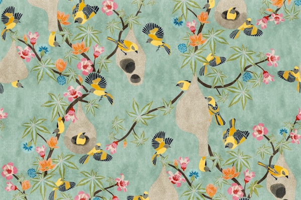 Tropical Birds and Blooms- Mint