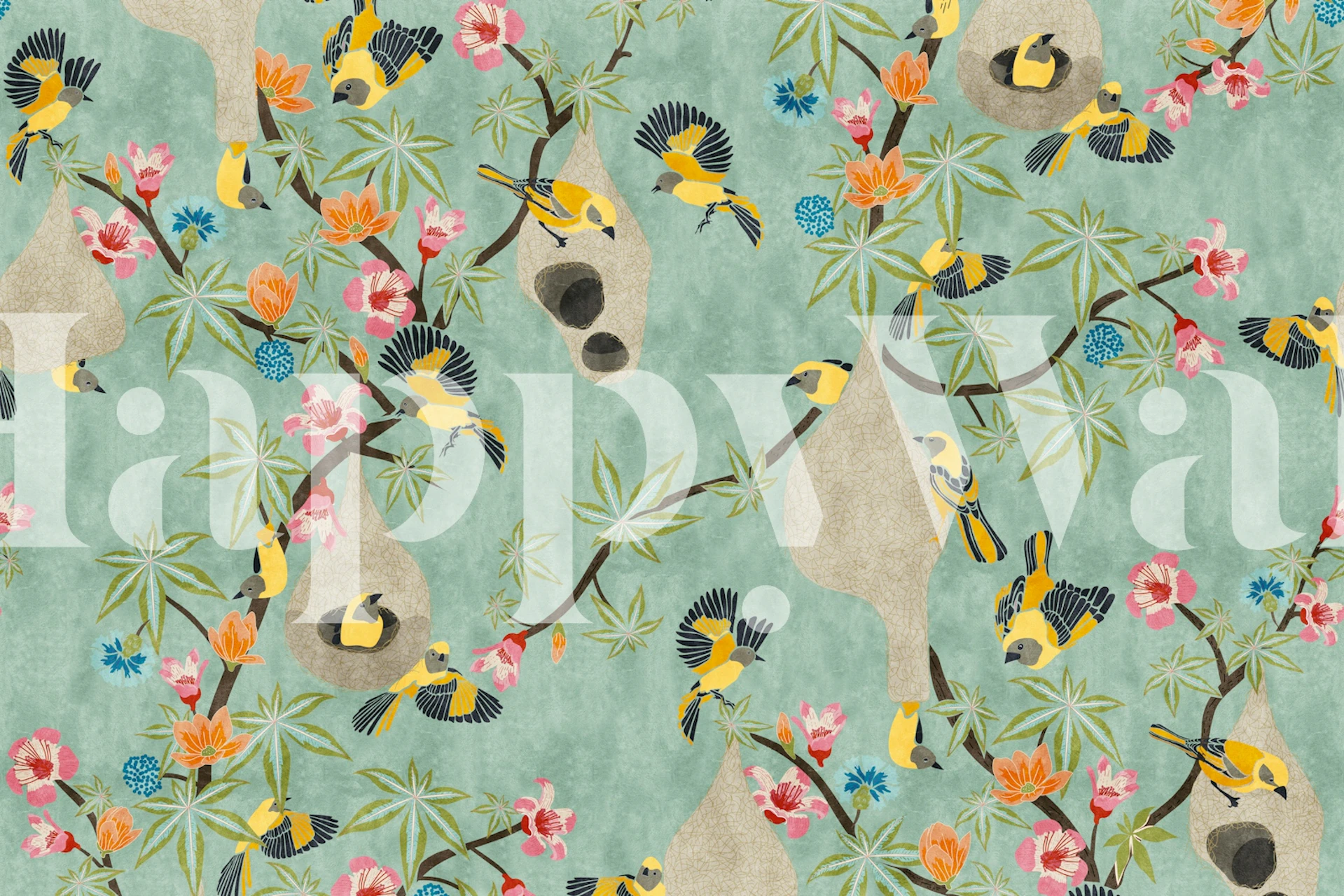 Tropical birds with flowers on mint green background wallpaper