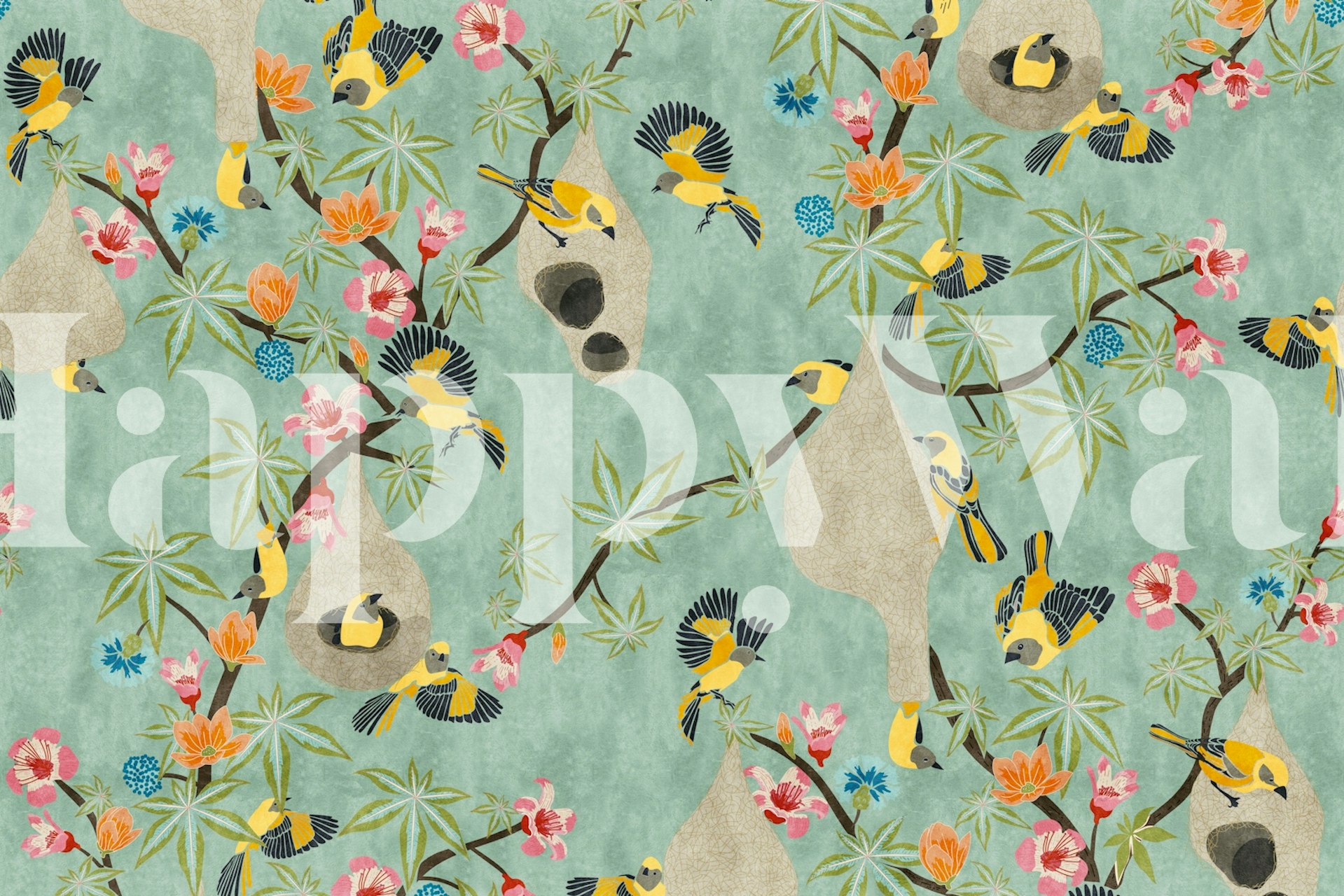 Tropical Birds and Blooms-tapet i ett rum