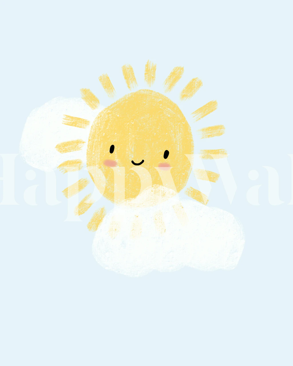 Smiling sun with rays and fluffy clouds on blue background wallpaper