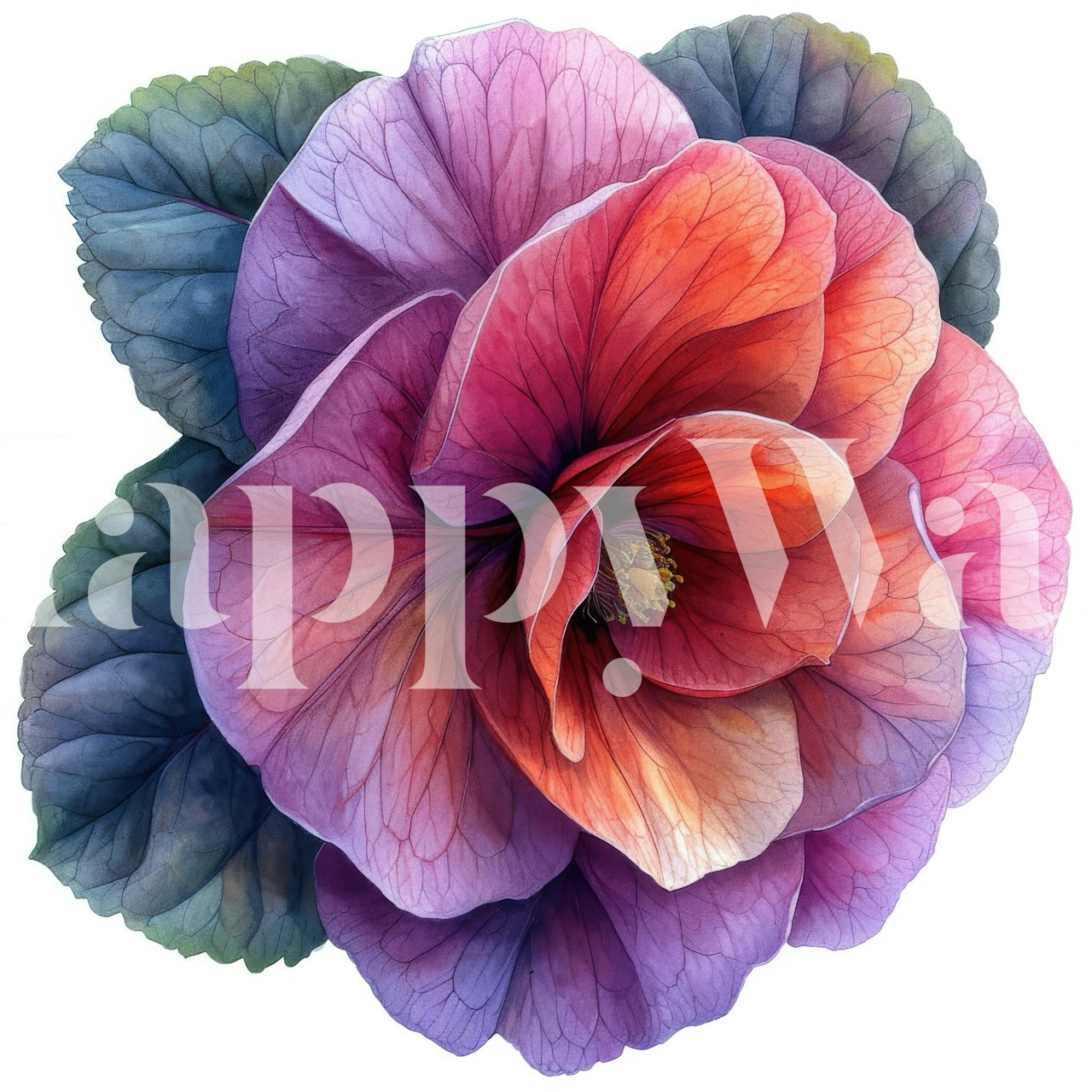 Pink begonia flower and green leaf wall mural