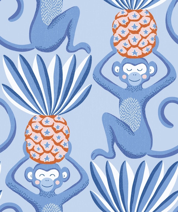 Monkeys and Pineapples - blue with orange