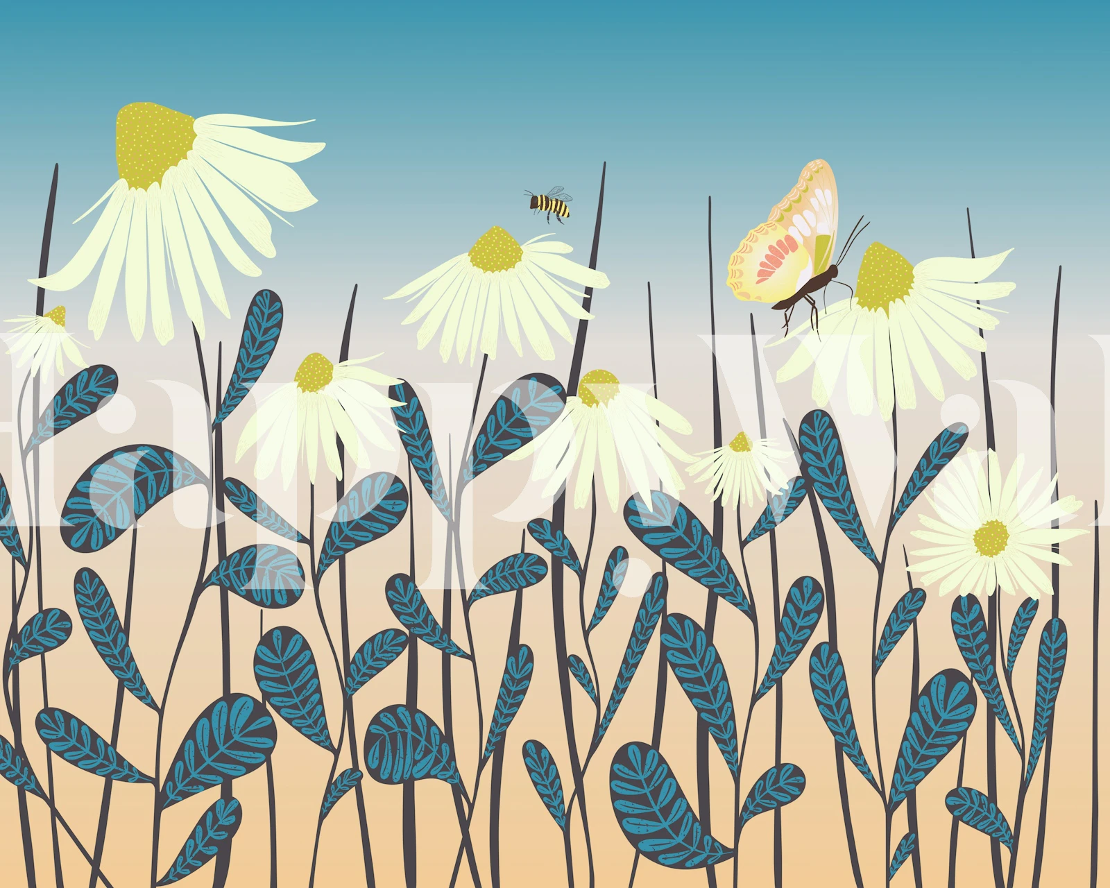 Fluttering Among Daisies design de papel de parede em um quarto