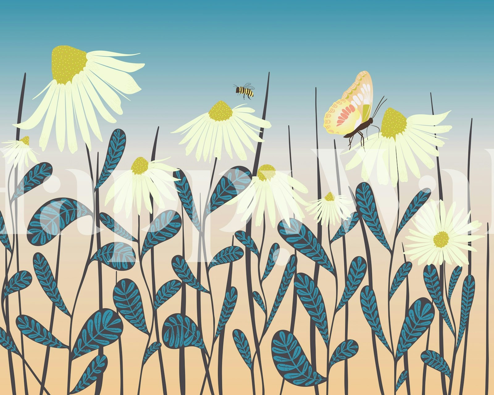 Daisies and butterfly in yellow, blue, and green wallpaper