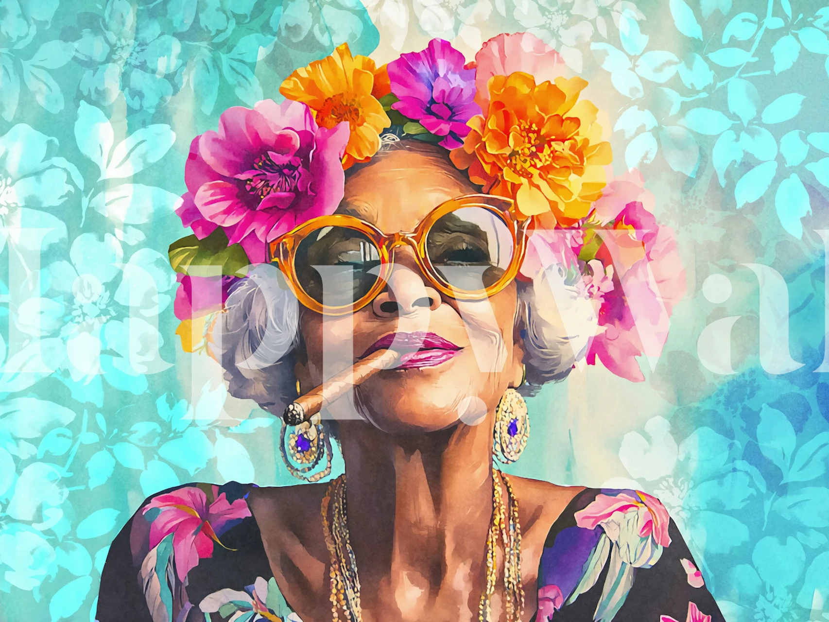 Colorful floral design with tropical blossoms on blue wallpaper