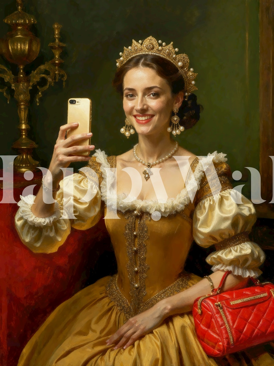 Vrouw in renaissance jurk met smartphone, warm goud en rood kleuren, kunstzinnige muurdecoratie wallpaper