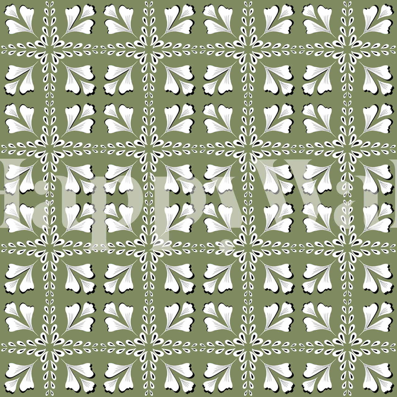 Green floral pattern with white leaf motifs wallpaper