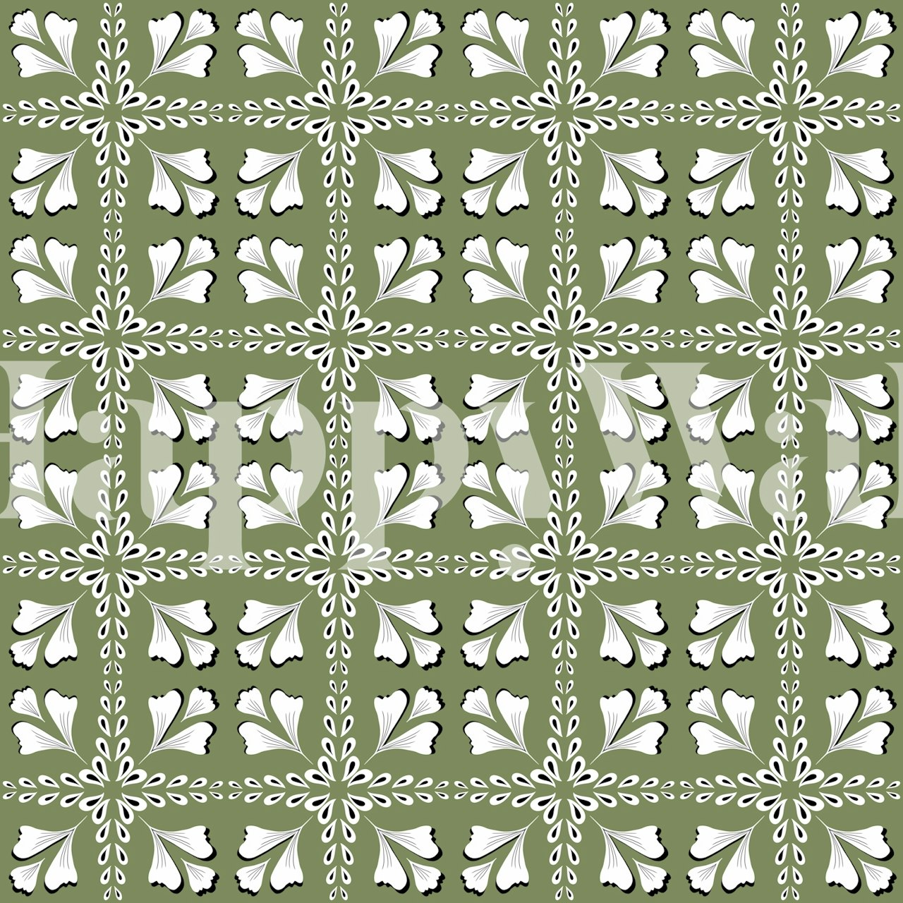 Green floral pattern with white leaf motifs wallpaper