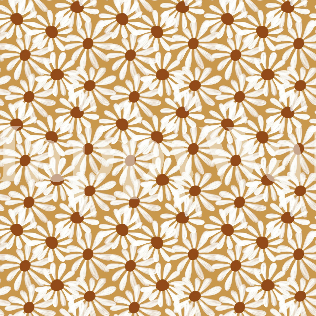 Daisy pattern in white and brown on a yellow background wallpaper