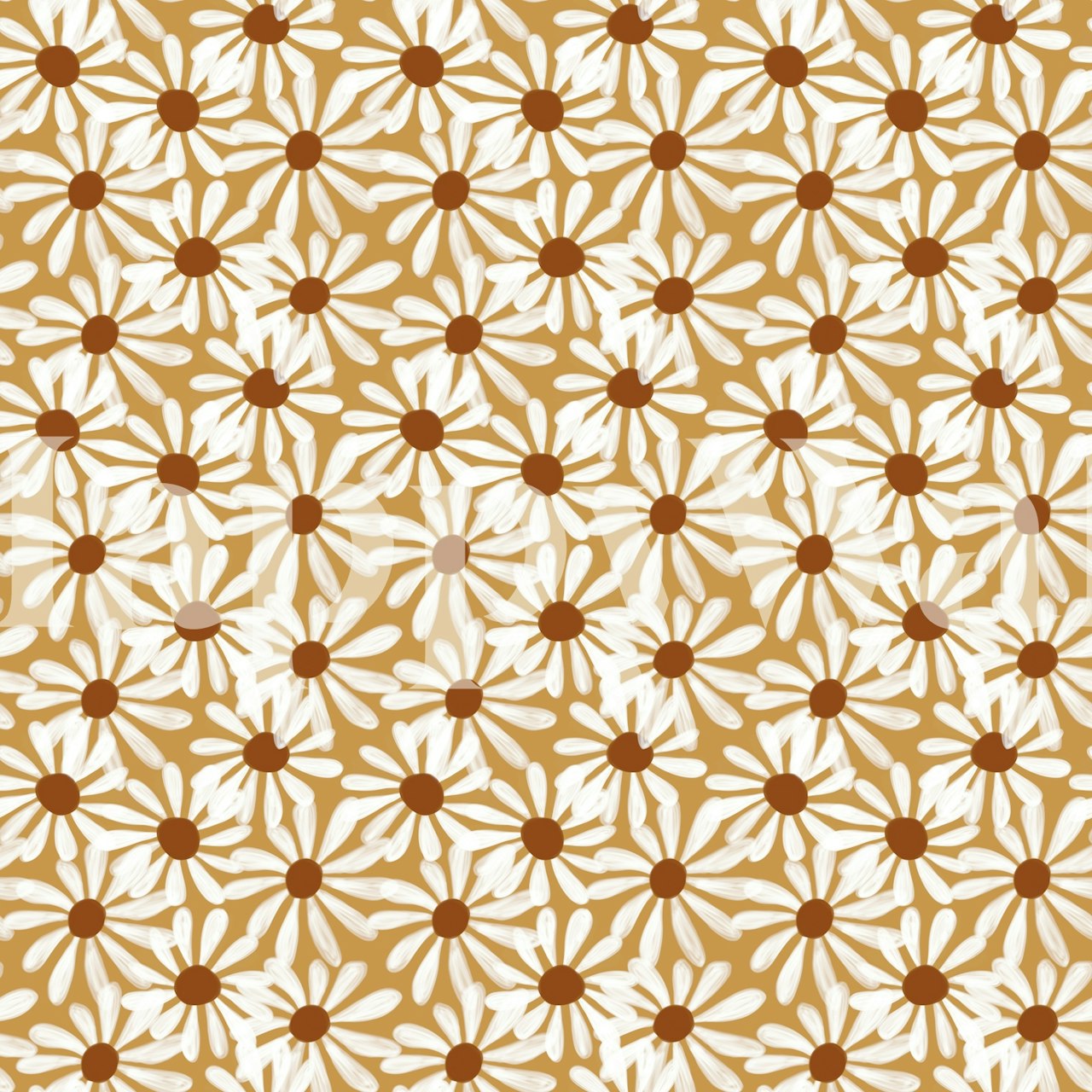 Daisy pattern in white and brown on a yellow background wallpaper