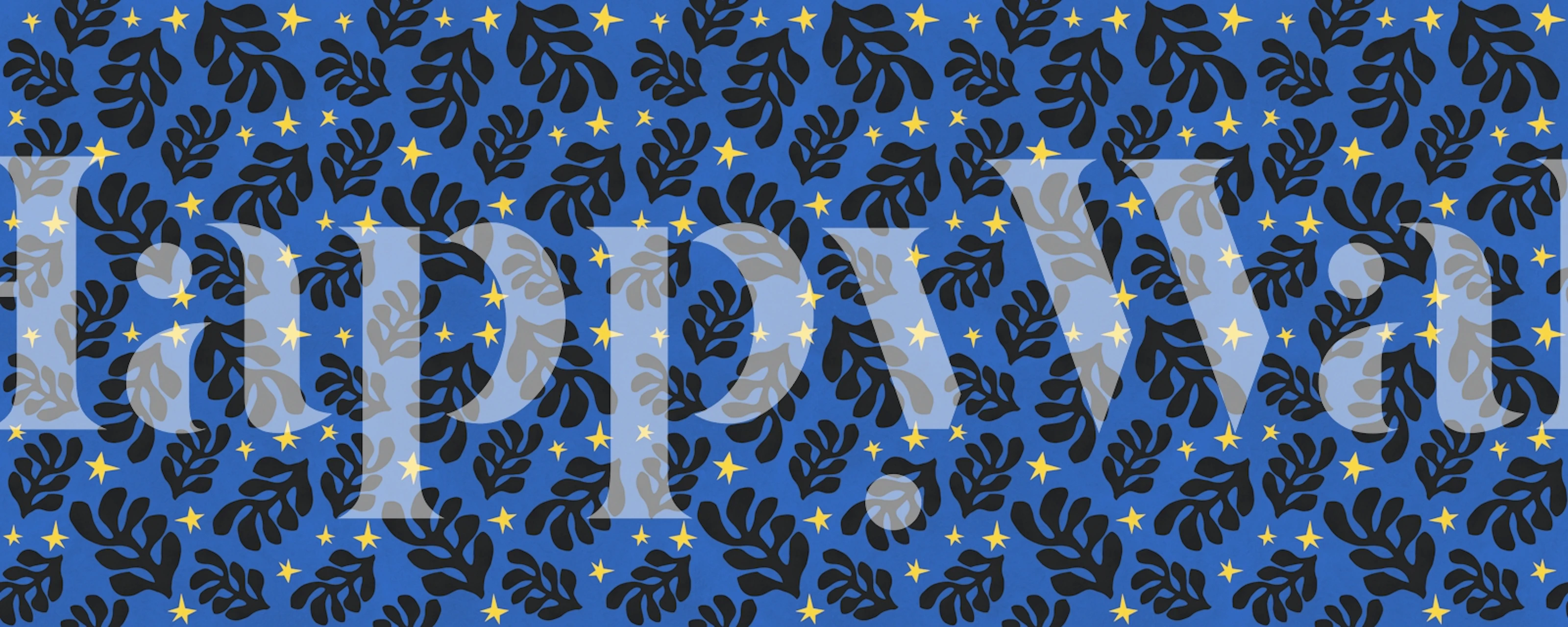 Black botanical leaves against a blue background with yellow stars wallpaper