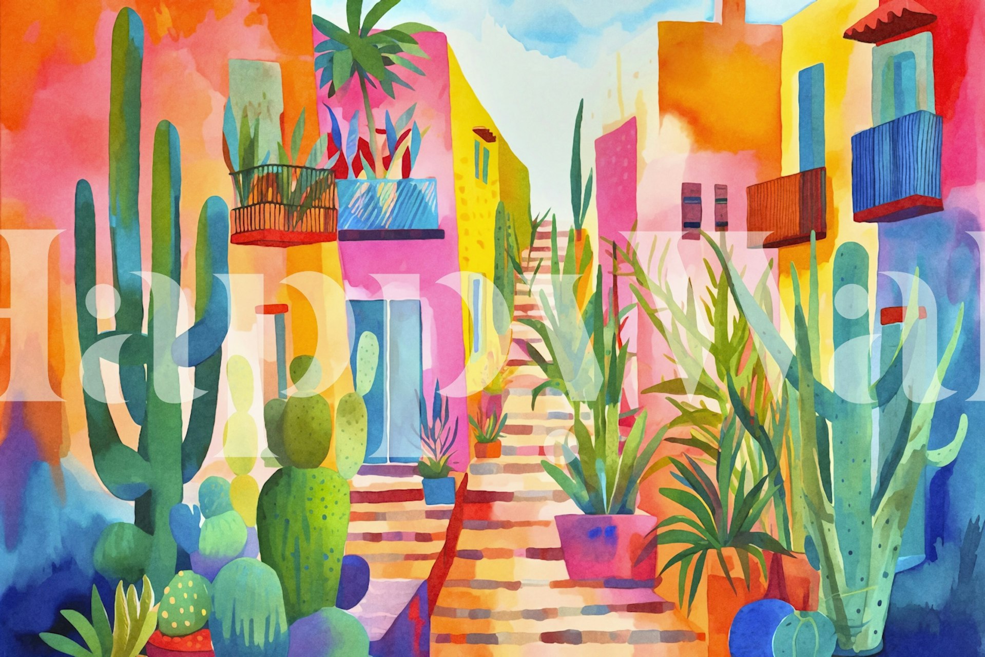 Tropical Caribbean Village-behang in een kamer